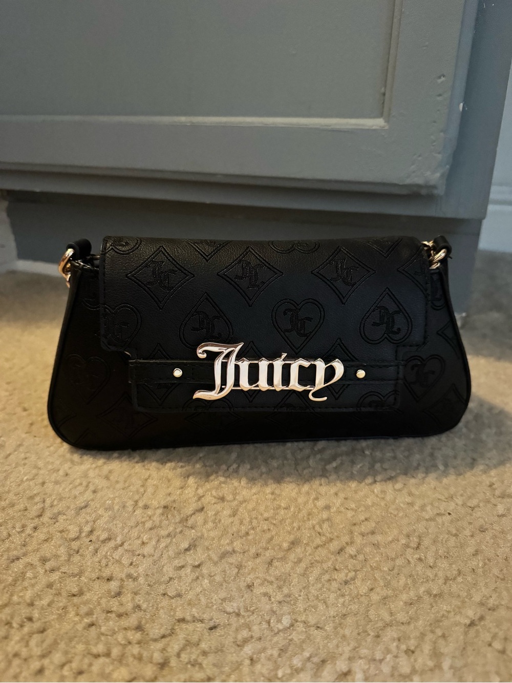 Juicy Couture Black Embossed Logo Shoulder Bag with Silver Script